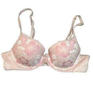 Victoria's Secret Push-Up Underwire Demi Bra Womens 34DD Pink Floral Lace